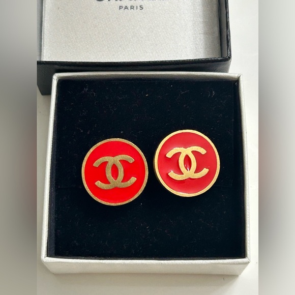 Chanel Gold & Red Enamel Earrings - Picture 1 of 7